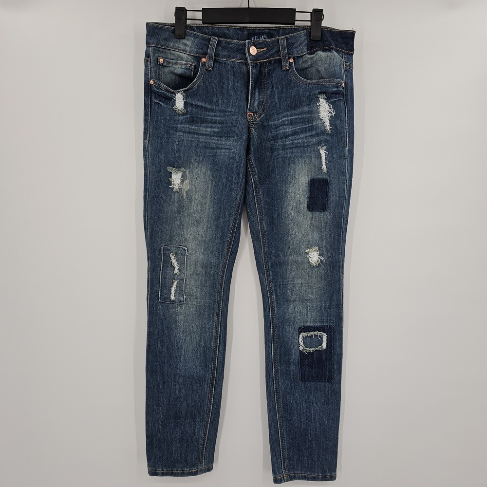 dELiA*s Jeans Junior 11/12‎ Denim Distressed Thick Stitch Patchwork Y2K Vintage